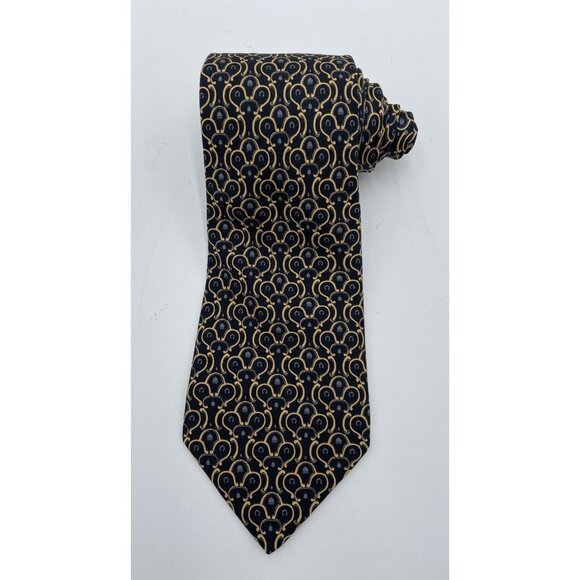 Hermes Necktie 100% Silk Luxury Tie Black Gold Geometric Paris France EUC - Picture 1 of 8